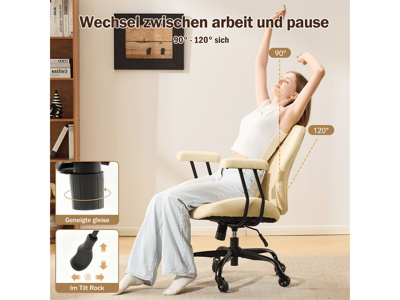 Chaise de bureau ergonomique 57 x 51 x 92 cm – assise large ressorts roulettes roller et accoudoirs amovibles – cuir - blanc  - Conforama E