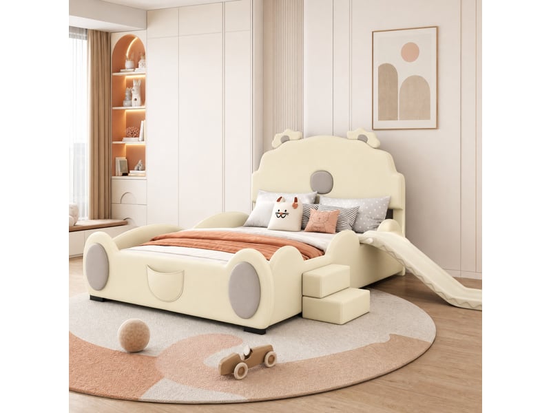  Lit enfant ours avec toboggan et échelle en pu beige 140 x 200 cm  - Conforama C