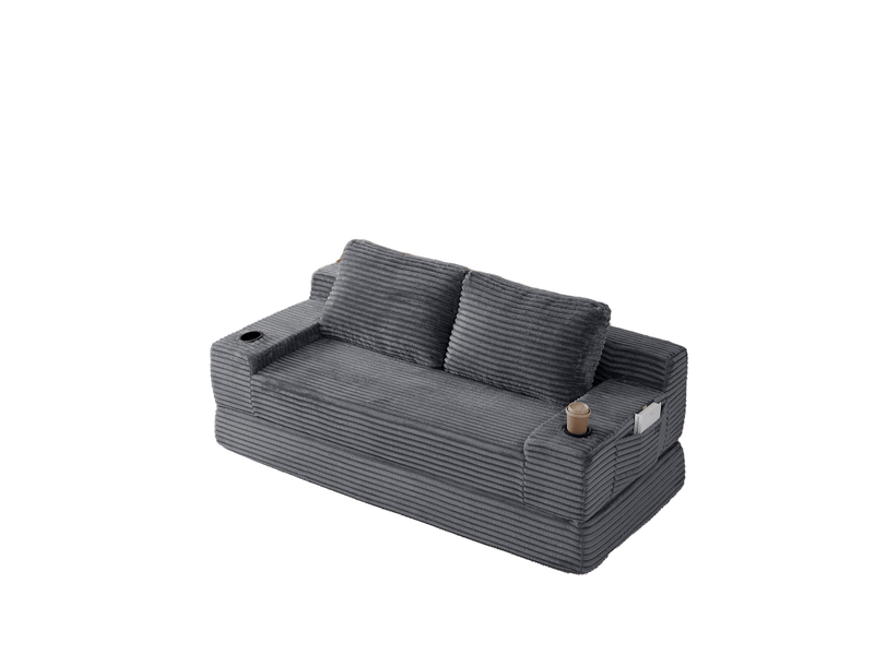  Canapé convertible 2-en-1 en velours côtelé 2 places, 2 coussins inclus, porte-gobelets, rangements latéraux  - Conforama A