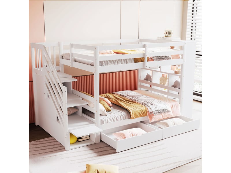  Lit superposé enfant 90x200 cm - lit superposé avec rangement et escalier sécurisé, mdf, blanc  - Conforama C