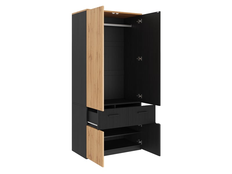  Armoire penderie 90x50x200 cm noire et bois - 2 tiroirs, barre de penderie, style persienne  - Conforama R