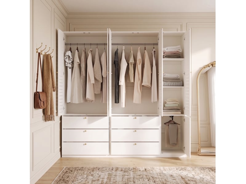  Armoire 5 portes à lamelles, 225 x 50 x 200 cm, 6 tiroirs et 3 penderies, blanche  - Conforama B