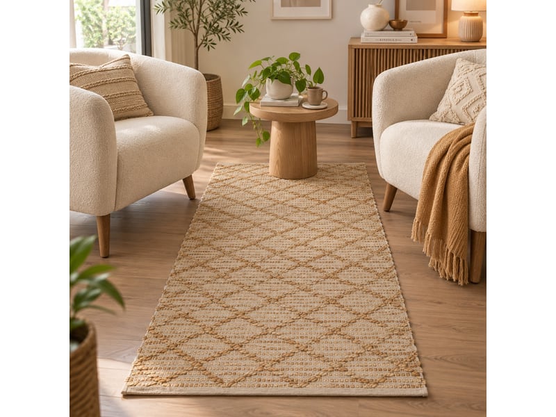  Tapis de sol rectangulaire en jute et coton naturel tissé motif losanges, coloris naturel - longueur 140 x largeur 70 cm  - Conforama B