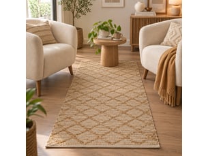 Tapis de sol rectangulaire en jute et coton naturel tissé motif losanges, coloris naturel - longueur 140 x largeur 70 cm