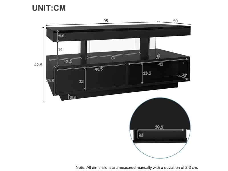Table basse led avec 2 tiroirs, 2 niches et 4 inserts en verre, plateau brillant pour salon, noir, 95 × 50 × 42,5 cm - Conforama E