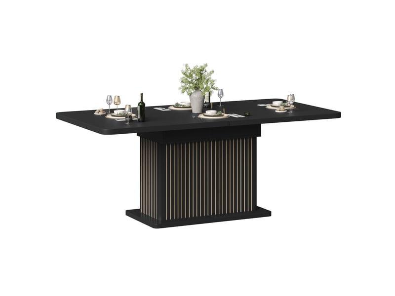 Table à manger extensible 120-160x80 cm avec rangement caché, étagères latérales, façade rainurée verticale, pieds réglables, mdf noir  - Conforama A