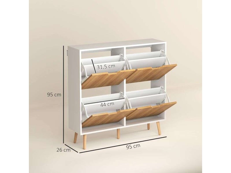  Meuble à chaussures 4 abattants 16 paires avec étagère réglable pieds en bois de pin 95 x 26 x 95 cm naturel  - Conforama C