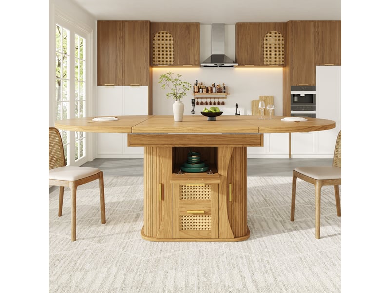  Table de salle à manger extensible 118-158x118x77,1 cm avec rangement intégré, tiroirs rotin et finition bois, mdf, naturel Sol Morn - Conforama D