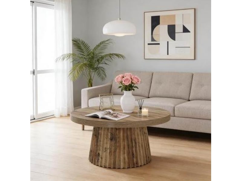  Table basse ronde 80x80x45 cm pied cannelé mdf marron  - Conforama D