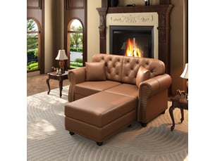Canapé chesterfield 2 places + 1 pouf en simili cuir marron, 160 cm