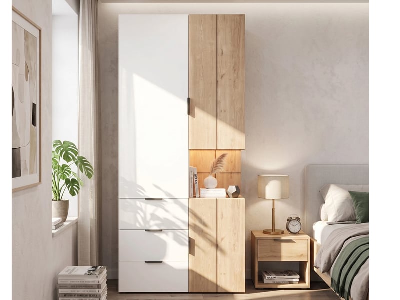 Armoire avec éclairage led et tiroir à bijoux , 3 portes, 2 tringle et 4 tiroirs, style moderne,90 x 49 x 200 cm,finition aspect blanc - Conforama B