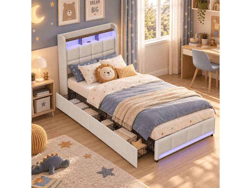  Lit 1 personne 90x200 cm avec éclairage led et 2 tiroirs, lit rembourré avec port usb et type-c, cadre de lit avec rangement et sommier à lattes, lin, beige  - Conforama B