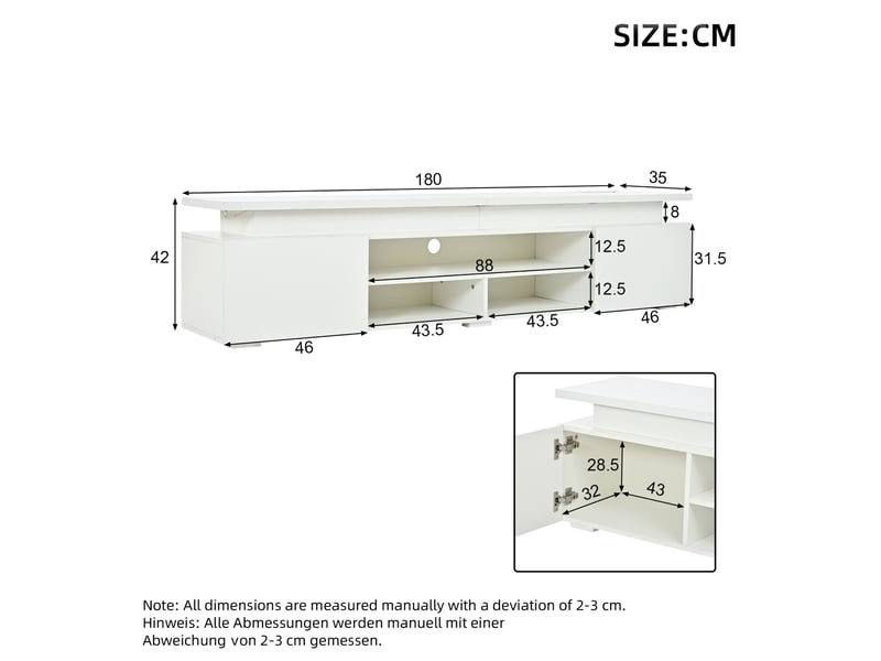  Meuble tv 180x35x42 cm avec led, 2 placards et 3 niches blanc  - Conforama C