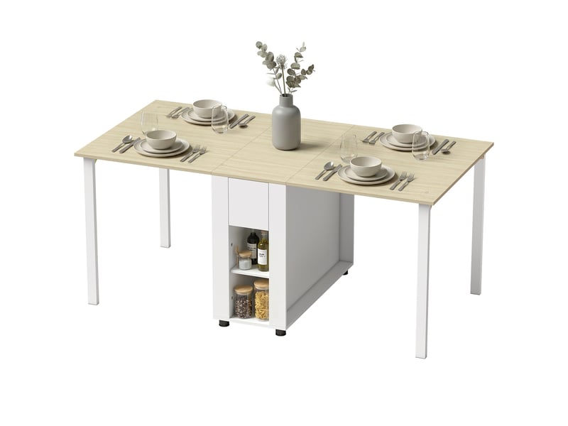 Table à manger pliante pour 6 personnes 39-168 cm, table de cuisine avec 2 tiroirs et 4 étagères ouvertes, blanc - Conforama B
