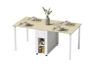 Table à manger pliante pour 6 personnes 39-168 cm, table de cuisine avec 2 tiroirs et 4 étagères ouvertes, blanc
