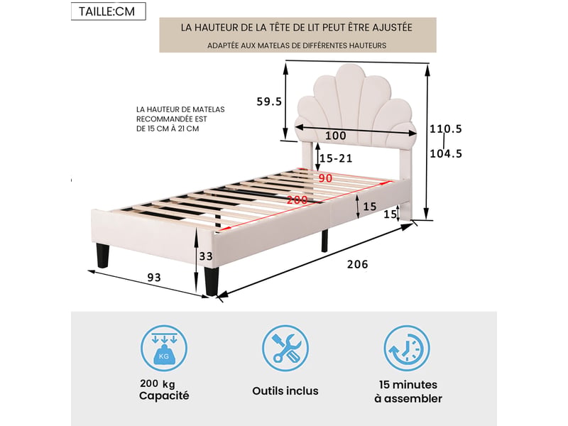  Lit enfant rembourré 90x200 cm en velours, lit simple avec dossier fleuri et 12 lattes, sans matelas, beige  - Conforama D
