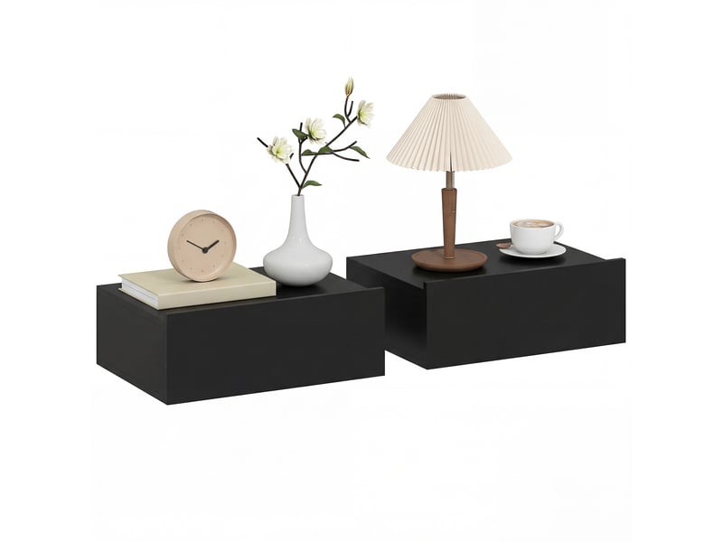  Ensemble de 2 tables de chevet suspendues modernes avec tiroir en bois, 40 x 30 x 15 cm, noires  - Conforama A