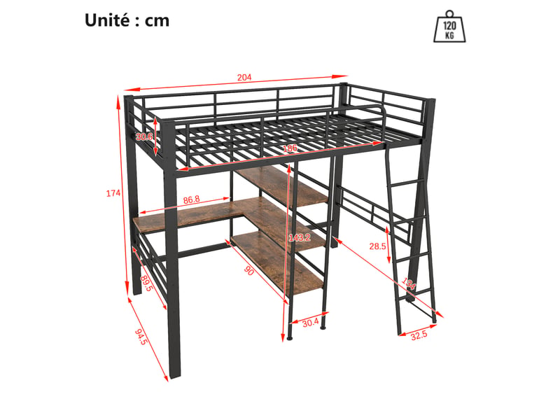  Lit mezzanine 90x200 cm - lit simple avec bureau en l, échelle et étagères ouvertes, sans matelas - noir  - Conforama C
