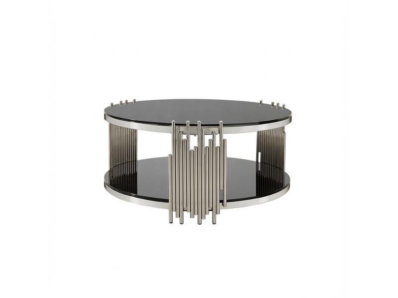  Table basse ronde de salon noire avec double plateau en verre trempe, structure argent, rangement 80 cm  - Conforama A