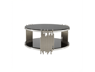 Table basse ronde de salon noire avec double plateau en verre trempe, structure argent, rangement 80 cm