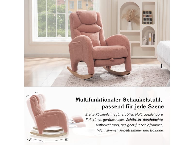  Fauteuil à bascule relax - 66x125x101 cm - avec repose-pieds pliable et têtière en tissu teddy bouclette pieds bois - rose  - Conforama D