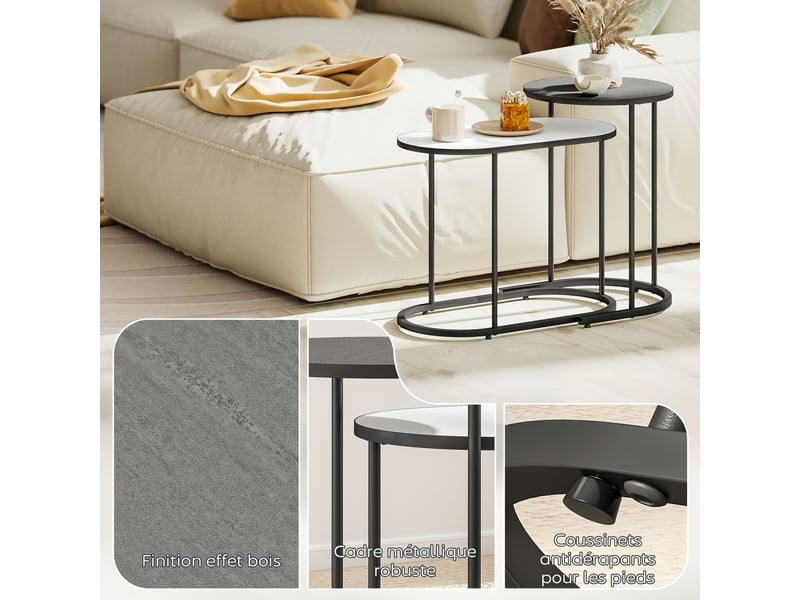  Lot de 2 tables basses gigognes, cadre en métal gris et blanc, tables d'appoint empilable style contemporain  - Conforama E