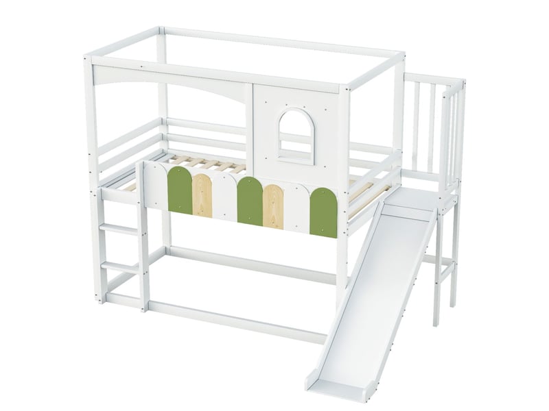  Lit superposé 90x200 forme cabane avec toboggan - lit superposé enfant - barrière multicolore, fenêtres, bois, blanc  - Conforama E