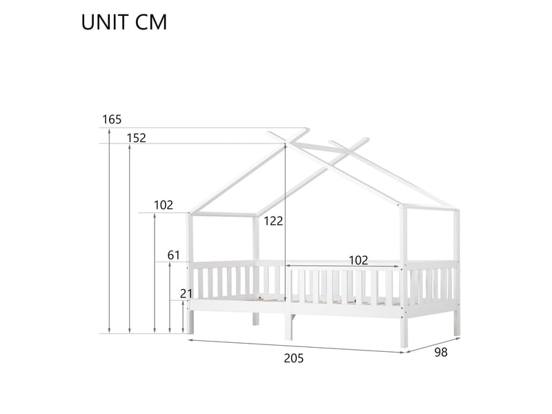 Lit cabane enfant 90x200cm bois pin massif blanc avec barrières - lit enfant - design maison toit triangle fsc sécurisé sans matelas - Conforama C