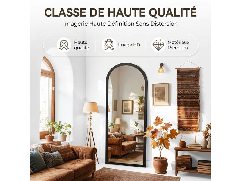 Miroir sur pied arqué pleine longueur 160 x 50 cm – grand miroir psyché autoportant avec cadre en bois massif et verre hd anti-déformation pour chambre, dressing et salon – noir - Conforama B