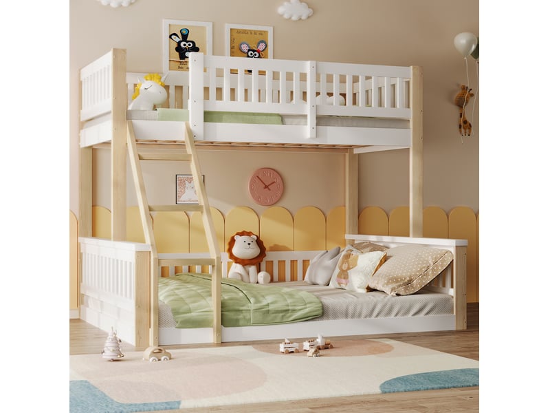 Lit superposé enfant 90x200 cm et 140x200 cm blanc et naturel avec échelle - Conforama E