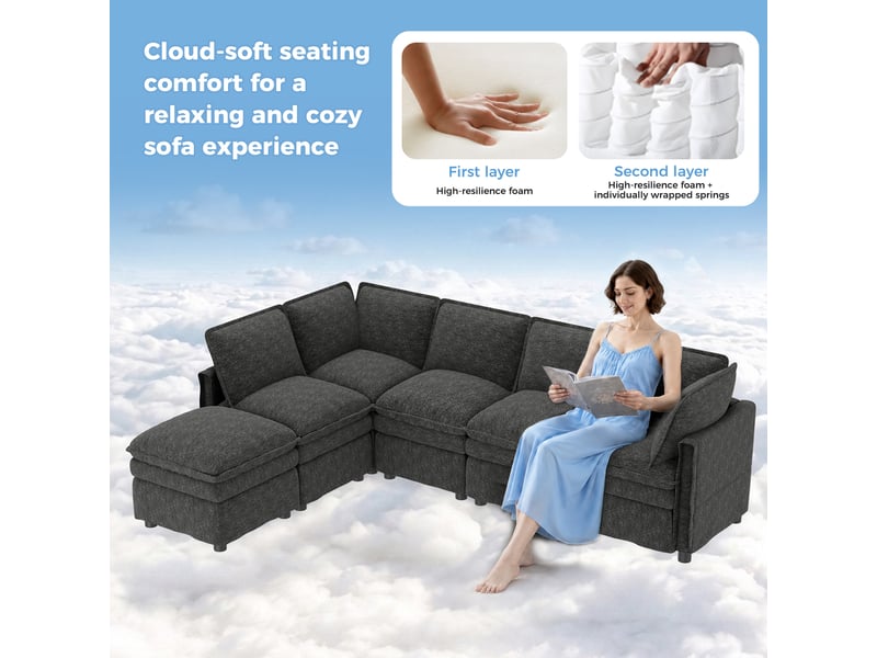  Canapé modulable xxl 6-7 places 344x127cm - fonction lit assise 67cm mousse ressorts - tissu chenille - gris  - Conforama D