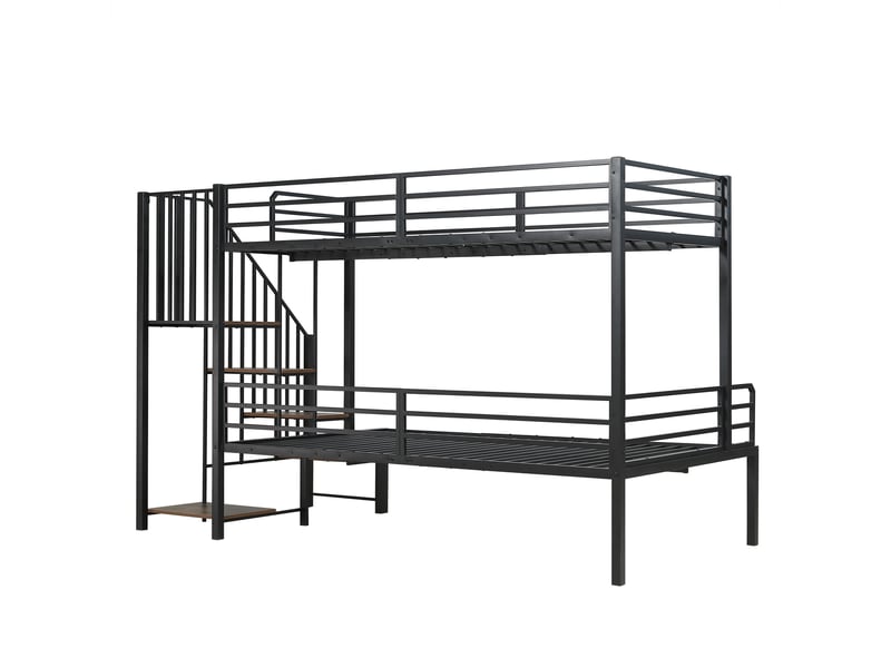  Lit superposé en fer, idéal pour enfants et adolescents, avec penderie d'angle à échelle et rangements, structure en fer et mdf, coloris noir et bois vieilli, dimensions : 90 x 200 cm et 120 x 200 cm.  - Conforama E