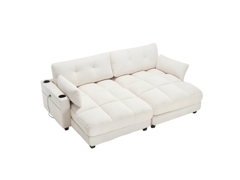Canapé modulable modenvie 2 places en velours côtelé beige, séparable, 2 coussins, ports usb, 4 porte-gobelets et 4 poches latérales, 224 x 140 x 81 cm - Conforama A