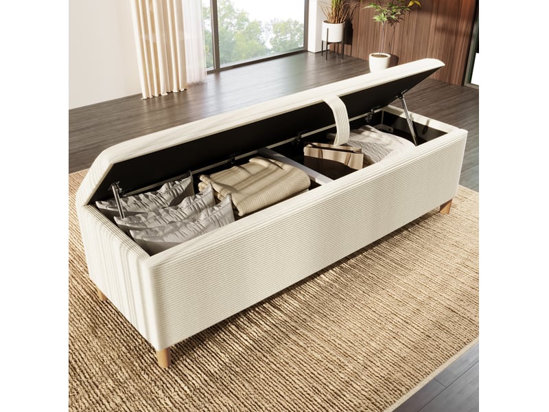 Banc de lit coffre 165x38x46 cm en tissu côtelé beige avec ouverture hydraulique - Conforama E