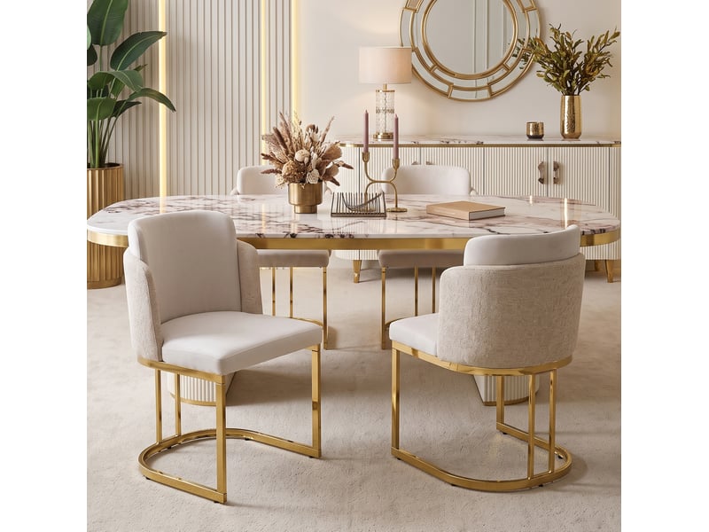  Lot de 6 chaises de salle à manger avec dossier double et assise rembourrée en chenille beige et doré  - Conforama E