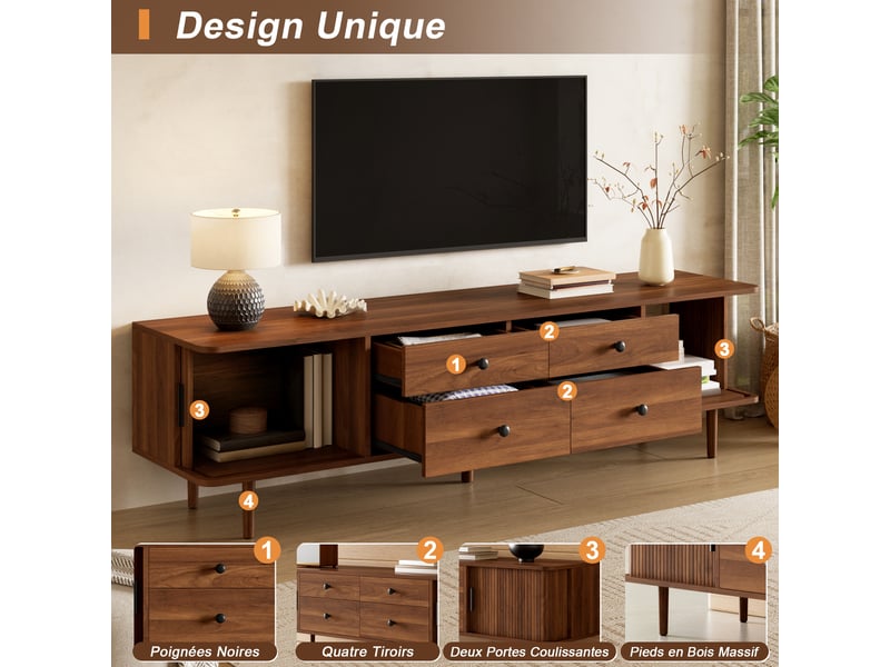  Meuble tv 165 cm avec 4 tiroirs, 2 portes coulissantes, grand rangement, coins arrondis, pieds en bois massif, mdf effet noyer, pour salon  - Conforama E