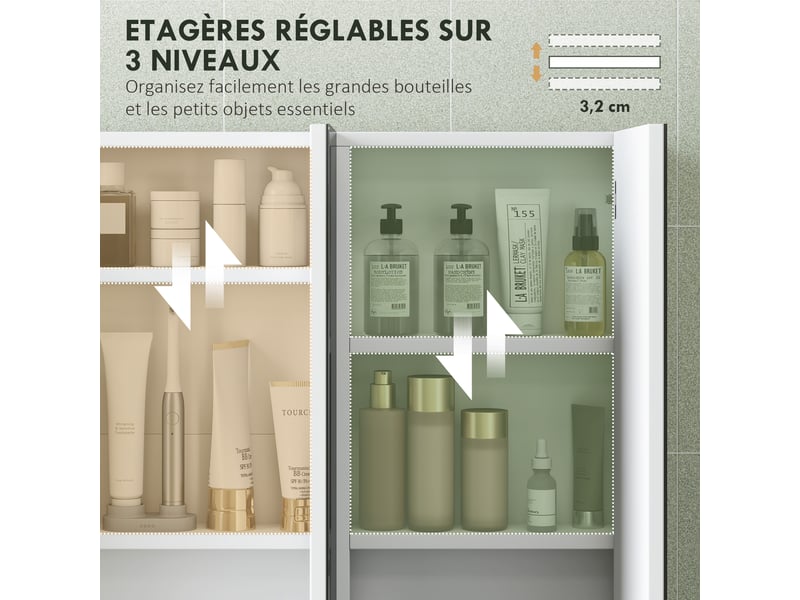  Armoire murale salle de bain avec miroir, armoire de toilette 3 portes miroir, étagères réglables, blanc, 91,5x11,5x65cm  - Conforama E
