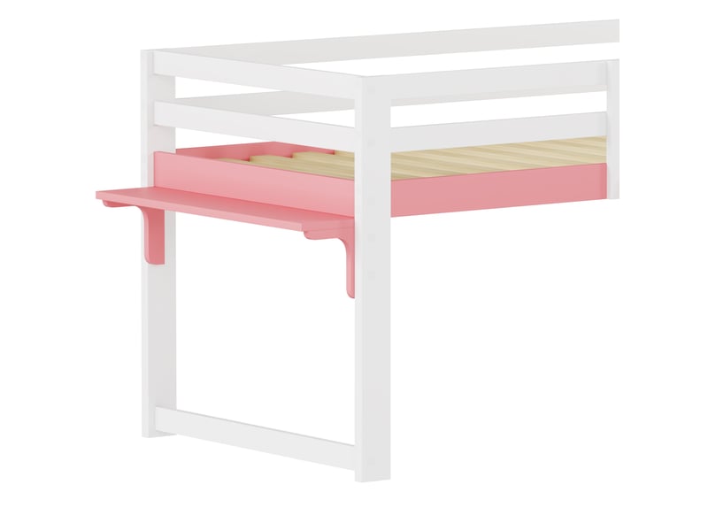  Lit mezzanine enfant 90x200 cm blanc et rose - lit surélevé en pin massif avec barrières de sécurité, échelle et petite table de chevet intégrée  - Conforama D