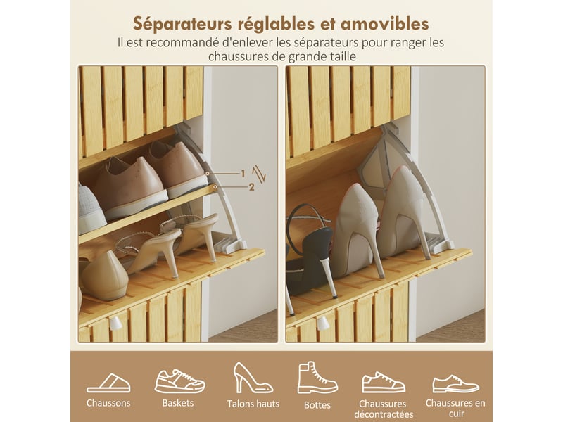  Meuble à chaussures 18 paires avec 3 tiroirs rabattables, portes en bambou à lattes, blanc et bois naturel, 60x24x118cm  - Conforama E