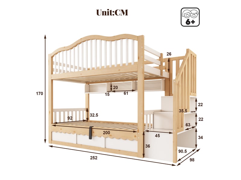  Lit superposé enfant 2 couchages 90x200 cm avec rangement hydraulique, blanc et chêne  - Conforama E