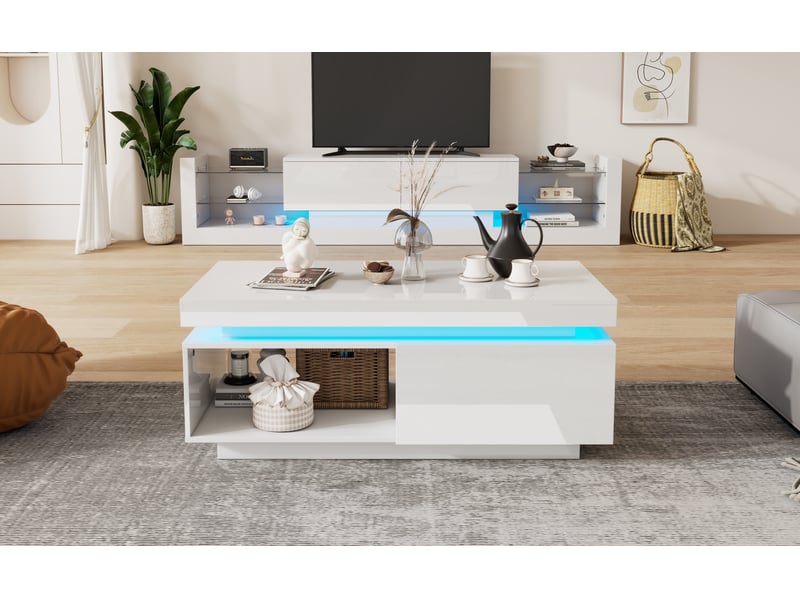  Table basse blanche brillante avec éclairage led et tiroir, 100x50x40,3 cm, en panneau de particules, blanc  - Conforama D