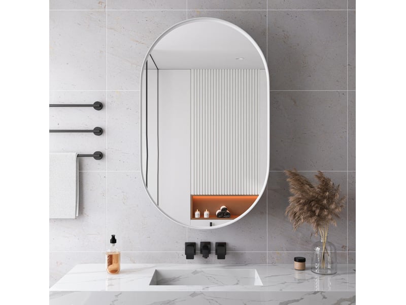  Armoire de toilette miroir ovale 85x51,5x12 cm, pose murale ou encastrée, métal et verre, blanc  - Conforama B