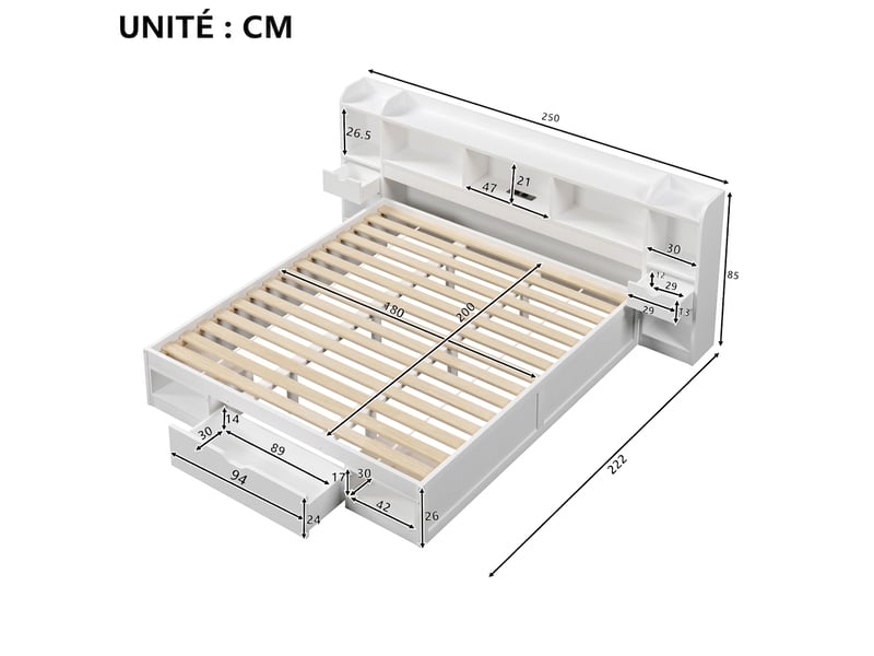  Lit double 180x200 cm avec rangement, cadre de lit blanc avec led, port usb et 3 tiroirs, lit adulte  - Conforama C