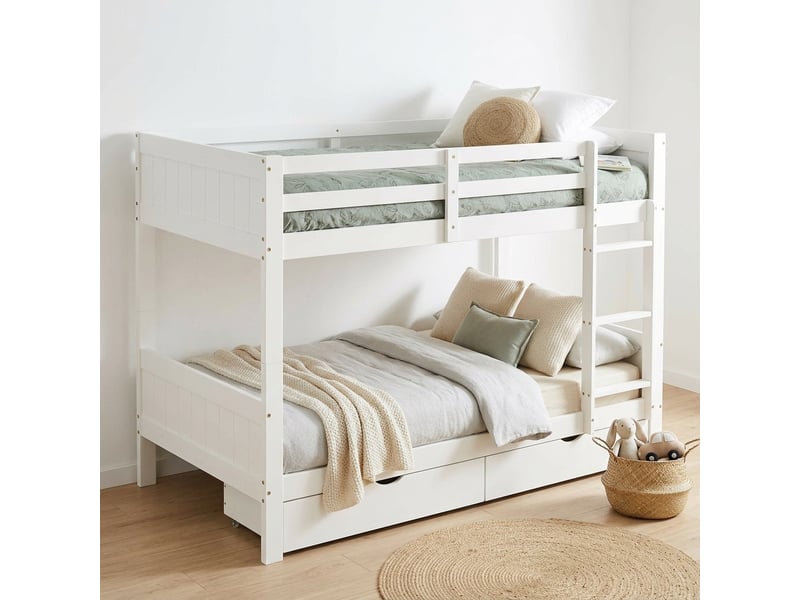Lit superposé 90 x 200 cm en bois, lit enfant blanc, séparable en 2 lits simples, avec échelle, barrière de sécurité et 2 grands tiroirs, pin et mdf - Conforama B