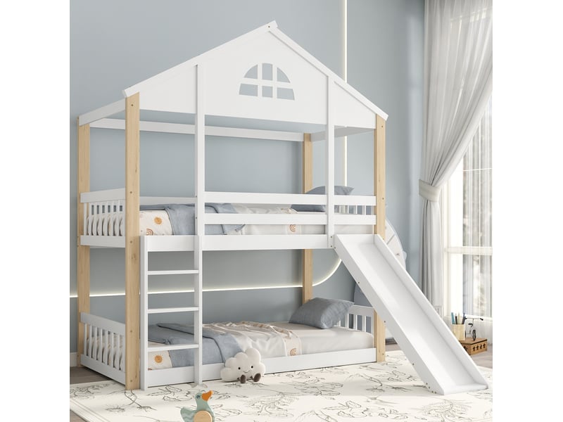  Lit superposé enfant 90x200 cm avec toboggan, échelle et barrières, blanc et naturel  - Conforama B