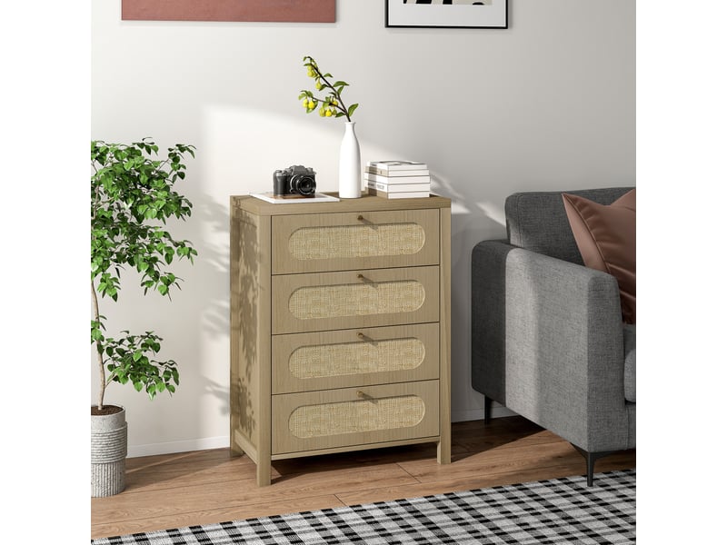  Commode 4 tiroirs meuble de rangement style bohémienne avec portes résine tressée, effet bois naturel, 70 x 38 x 93 cm  - Conforama D