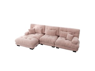Canapé nuage d'angle modulable 3 places 313x145x81 cm avec pouf mobile, assise profonde, accoudoirs arrondis, chenille rose