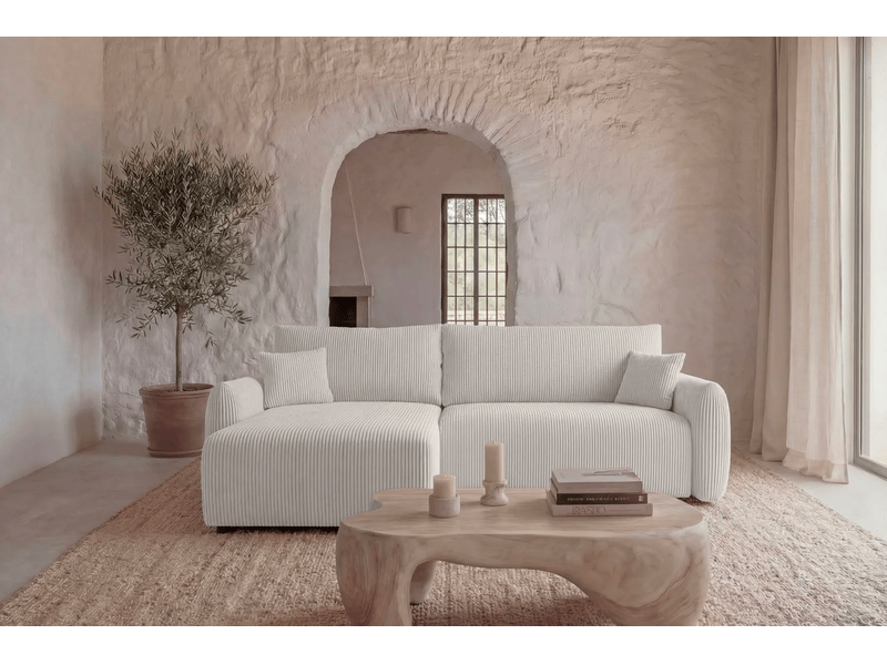 Elio - canapé d'angle convertible petit velours côtelé 4 places blanc - Conforama D
