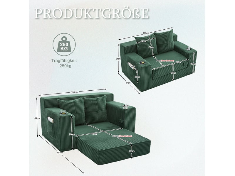  Canapé convertible 2 places 151x133x64 cm vert émeraude en velours côtelé, porte-gobelet et poches latérales  - Conforama C