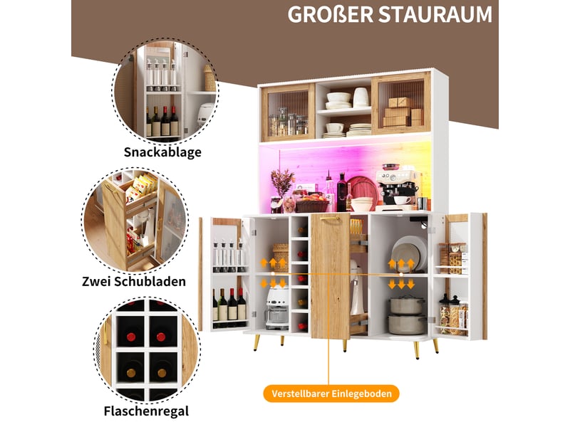 Buffet de cuisine blanc et décor bois, 120x40x180 cm, mdf, led, prise intégrée, casier à bouteilles et rangements - Conforama C